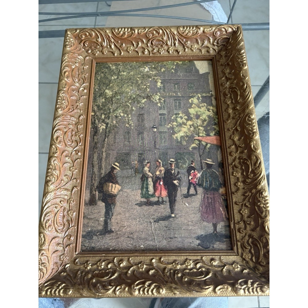 Vtg Framed French Street Scene Textured Print Gold Gilt Ornate Frame 11x15